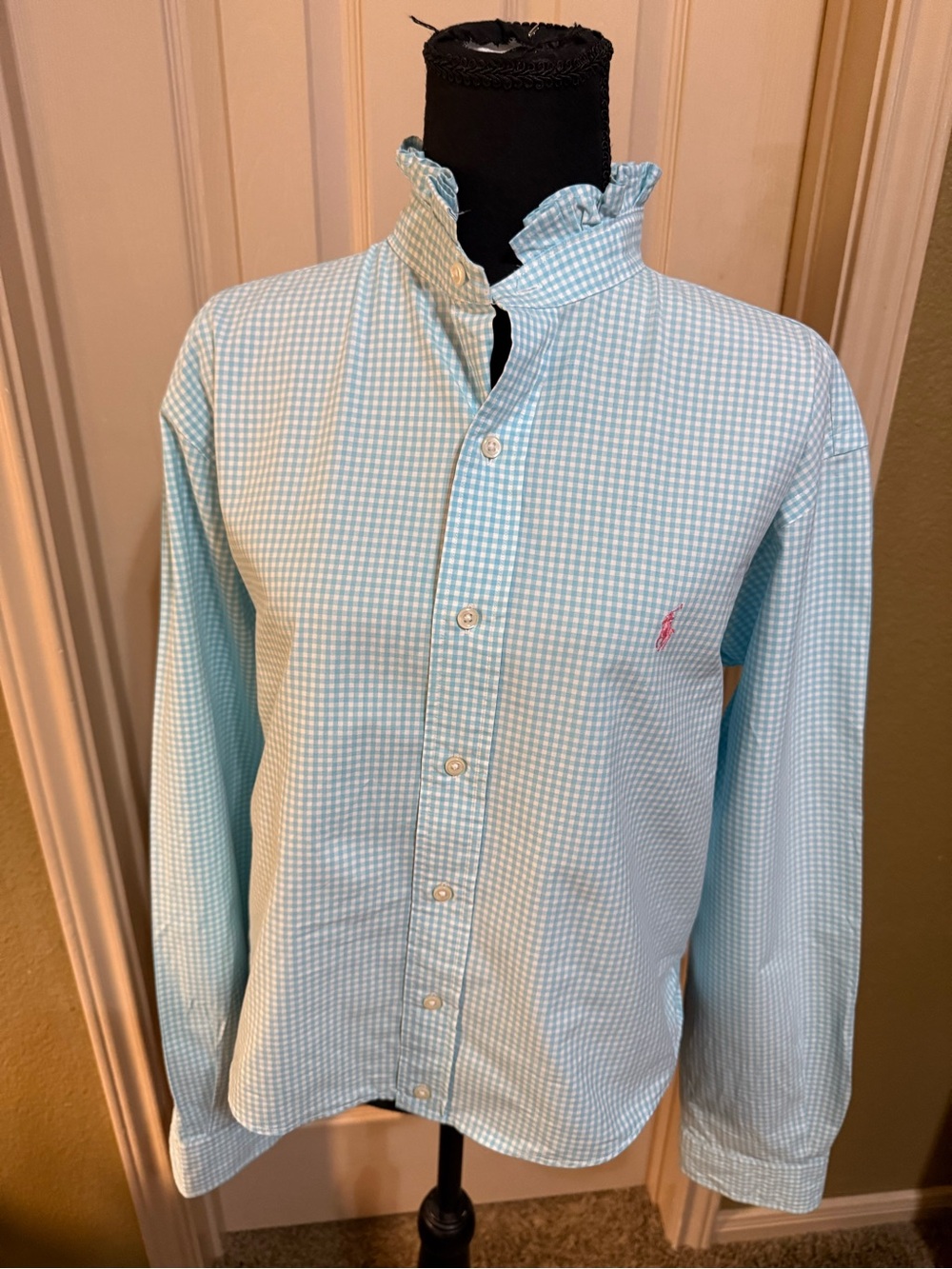 Upcycled Ralph Lauren Light Blue Gingham Ruffle-Collar Button-Down